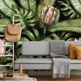 Fototapeta Tropikalny egzotyczny spójny wzór z kwiatami protea w tropikalnych liściach. Ręcznie rysowane ilustracja akwarela. Vintage tło. Dobry do projektowania tapet, drukowania tkanin, papieru pakowego