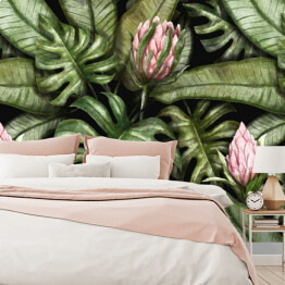 Fototapeta Tropikalny egzotyczny spójny wzór z kwiatami protea w tropikalnych liściach. Ręcznie rysowane ilustracja akwarela. Vintage tło. Dobry do projektowania tapet, drukowania tkanin, papieru pakowego
