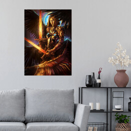 Plakat samoprzylepny Kobieta anioł w zbroi z dwoma oświetlonymi mieczami - postać ze świata fantasy