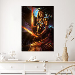 Plakat Kobieta anioł w zbroi z dwoma oświetlonymi mieczami - postać ze świata fantasy