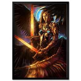 Plakat w ramie Kobieta anioł w zbroi z dwoma oświetlonymi mieczami - postać ze świata fantasy