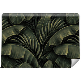 Fototapeta Tropikalne egzotyczne bezszwowe wzór z złotymi zielonymi liśćmi bananowca, palma na nocnym ciemnym tle. Premium ręcznie rysowane teksturowane vintage ilustracji 3D. Dobry dla luksusowych tapet, tkaniny, drukowanie tkanin