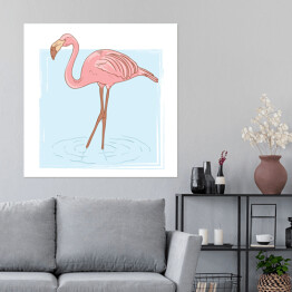 Plakat samoprzylepny Różowy flaming stojący w wodzie - rysunek
