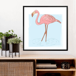 Obraz w ramie Różowy flaming stojący w wodzie - rysunek