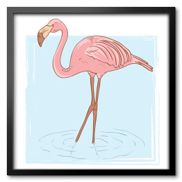 Obraz w ramie Różowy flaming stojący w wodzie - rysunek