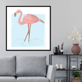 Plakat w ramie Różowy flaming stojący w wodzie - rysunek