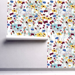 Tapeta samoprzylepna w rolce Polne kolorowe kwiaty na pastelowym akwarelowym tle