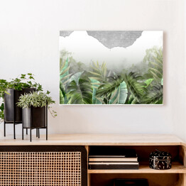 Obraz na płótnie Malowane akwarelowe liście tropikalne na tle ściany imitującej cegłę