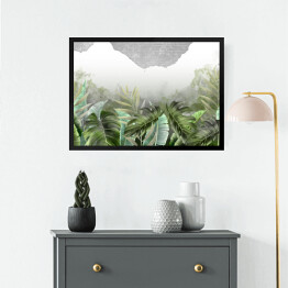 Obraz w ramie Malowane akwarelowe liście tropikalne na tle ściany imitującej cegłę