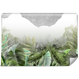 Fototapeta winylowa zmywalna Malowane akwarelowe liście tropikalne na tle ściany imitującej cegłę
