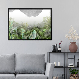 Obraz w ramie Malowane akwarelowe liście tropikalne na tle ściany imitującej cegłę