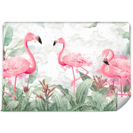 Fototapeta winylowa zmywalna flamingi w tropikalnych strumieniach z teksturowanym tłem, fototapeta