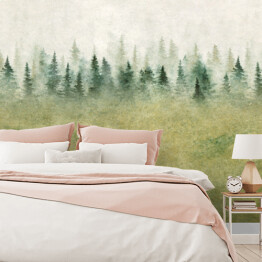 Fototapeta winylowa zmywalna spójny wzór z mglistym lasem świerkowym. Malarstwo akwarelowe
