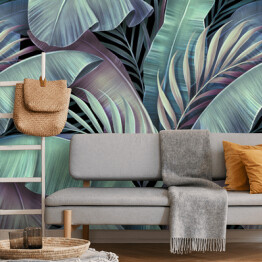 Fototapeta winylowa zmywalna Tropikalny egzotyczny spójny wzór. Piękna palma, liście bananowca. Ręcznie rysowane vintage ilustracja 3D. Glamorous abstrakcyjna dżungla tło projekt. Dla luksusowych tapet, tkaniny, drukowanie tkanin, towarów