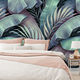 Fototapeta samoprzylepna Tropikalny egzotyczny spójny wzór. Piękna palma, liście bananowca. Ręcznie rysowane vintage ilustracja 3D. Glamorous abstrakcyjna dżungla tło projekt. Dla luksusowych tapet, tkaniny, drukowanie tkanin, towarów