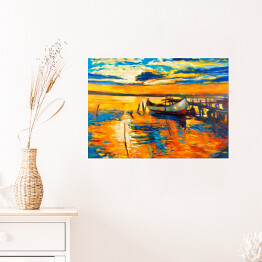 Plakat Przycumowana łódka dryfująca na pomarańczowej od słońca wodzie