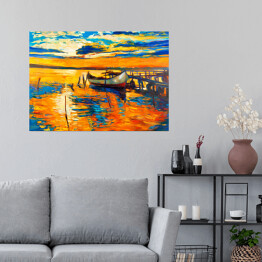 Plakat samoprzylepny Przycumowana łódka dryfująca na pomarańczowej od słońca wodzie