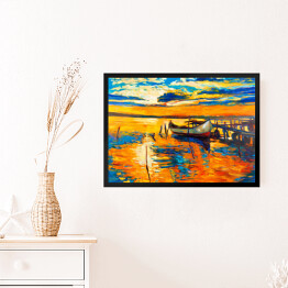 Obraz w ramie Przycumowana łódka dryfująca na pomarańczowej od słońca wodzie