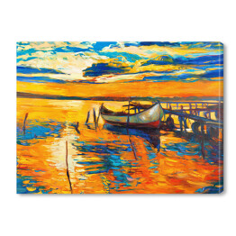 Obraz na płótnie Przycumowana łódka dryfująca na pomarańczowej od słońca wodzie