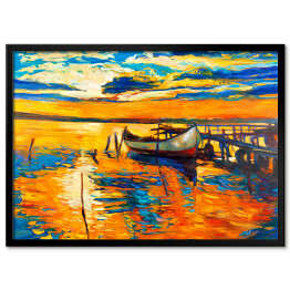 Plakat w ramie Przycumowana łódka dryfująca na pomarańczowej od słońca wodzie