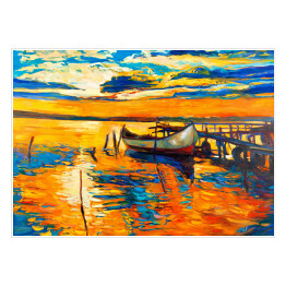 Plakat Przycumowana łódka dryfująca na pomarańczowej od słońca wodzie