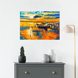 Plakat samoprzylepny Przycumowana łódka dryfująca na pomarańczowej od słońca wodzie