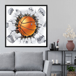 Obraz w ramie Piłka do koszykówki przebijająca mur