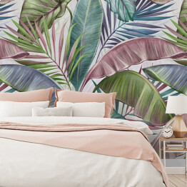 Fototapeta Tropikalny egzotyczny luksusowy spójny wzór z pastelowym kolorem liście bananowca, palma, colocasia. Ręcznie rysowane ilustracji 3D. Vintage glamorous projekt sztuki. Dobre dla tapet, tkaniny, drukowanie tkanin, mural
