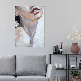 Plakat samoprzylepny Różowe usta. Portret kobiety - malarstwo olejne