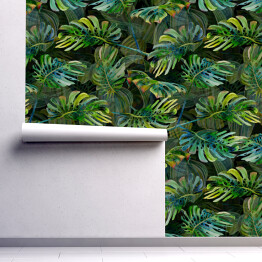 Tapeta winylowa zmywalna w rolce Tropikalny wzór z zielonymi liśćmi monstery. spójny druk malowany akwarelą
