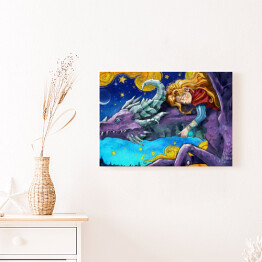 Obraz na płótnie A cute girl with golden hair sleeps on the back of a purple flying caring dragon, they fly through the night starry sky, with golden clouds and stars and a crescent moon . 2d watercolor illustration