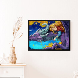 Obraz w ramie A cute girl with golden hair sleeps on the back of a purple flying caring dragon, they fly through the night starry sky, with golden clouds and stars and a crescent moon . 2d watercolor illustration
