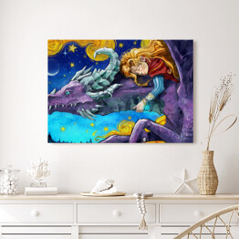 Obraz na płótnie A cute girl with golden hair sleeps on the back of a purple flying caring dragon, they fly through the night starry sky, with golden clouds and stars and a crescent moon . 2d watercolor illustration
