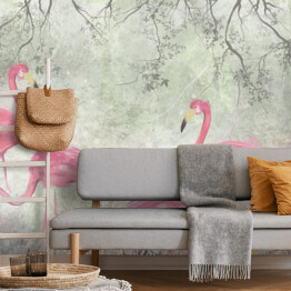 Fototapeta samoprzylepna urocze egzotyczne flamingi, tropikalny wzór fototapety w pokoju, tło teksturowe