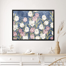Obraz w ramie Pastelowe kremowe i różowe tulipany na tle nieba 