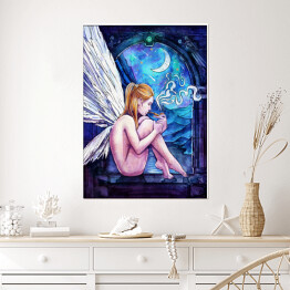 Plakat Kobieta anioł siedząca w oknie - ilustracja fantasy