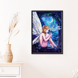 Plakat w ramie Kobieta anioł siedząca w oknie - ilustracja fantasy
