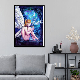 Plakat w ramie Kobieta anioł siedząca w oknie - ilustracja fantasy