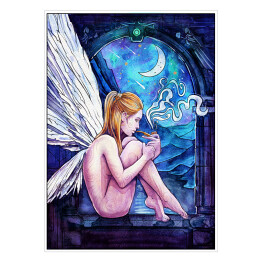 Plakat samoprzylepny Kobieta anioł siedząca w oknie - ilustracja fantasy