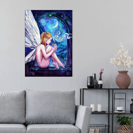 Plakat Kobieta anioł siedząca w oknie - ilustracja fantasy