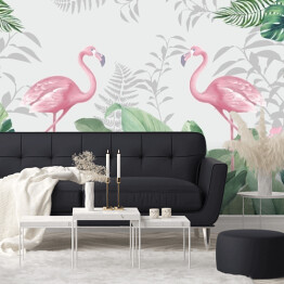 Fototapeta winylowa zmywalna Fototapety do pokoju. Różowe flamingi. Flamingi na tle liści. Tropikalne liście, tropiki, flamingi.