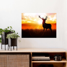 Plakat Postać jelenia na tle zachodzącego słońca