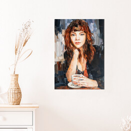Plakat samoprzylepny Portret kobiety przy kawie. Malarstwo