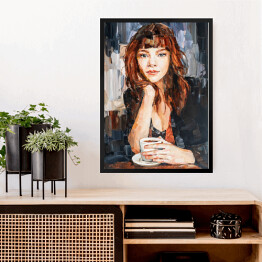Obraz w ramie Portret kobiety przy kawie. Malarstwo