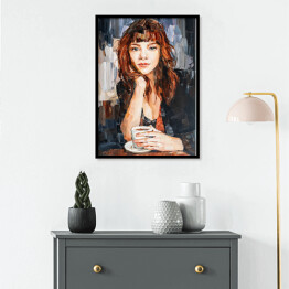 Plakat w ramie Portret kobiety przy kawie. Malarstwo