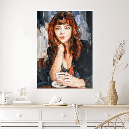 Plakat Portret kobiety przy kawie. Malarstwo