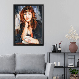 Obraz w ramie Portret kobiety przy kawie. Malarstwo