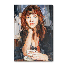 Obraz na płótnie Portret kobiety przy kawie. Malarstwo