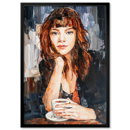 Plakat w ramie Portret kobiety przy kawie. Malarstwo