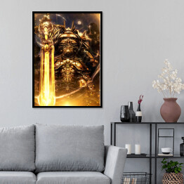 Plakat w ramie Wojownik w zbroi z oświetlonym mieczem - postać fantasy